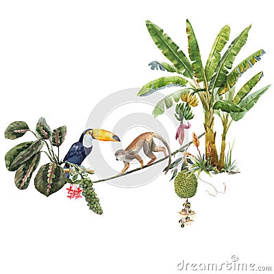 Beautiful tropical composition with hand drawn watercolor exotic jungle palm trees and animals. Toucan and monkey. Stock Cartoon Illustration