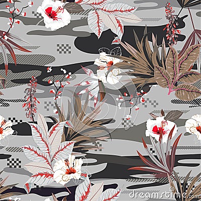 Beautiful Tropical flowers anfd exotic plants on the camouflage background. Vector seamless pattern illustration Cartoon Illustration