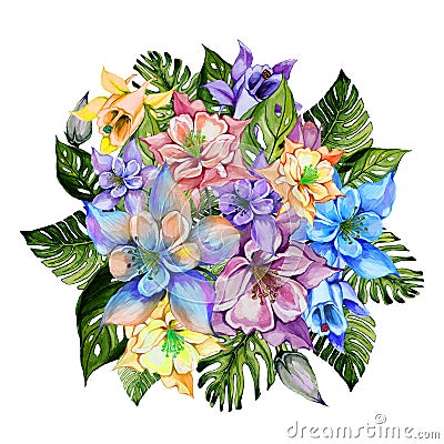 Beautiful tropical flowers bright aquilegia and monstera leaves. Round bunch of columbine flowers and exotic leaves. Cartoon Illustration