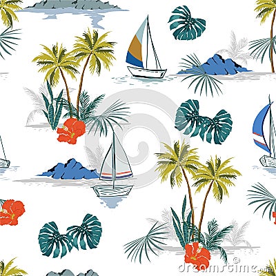 Beautiful tropical isaland seamless pattern vectoe EPS10 background with palm trees, mountaines, mostera. Isolated on white Cartoon Illustration