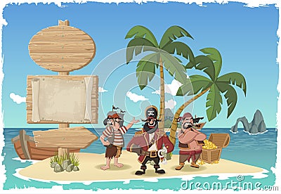 Beautiful tropical island with cartoon pirates. Vector Illustration