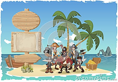 Beautiful tropical island with cartoon pirates. Vector Illustration