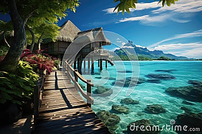 Tropical island with water bungalows Stock Photo