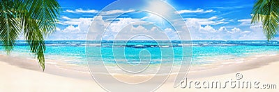 Beautiful tropical sand beach panorama view turquoise sea water ocean wave green palm tree summer holidays exotic island vacation Stock Photo