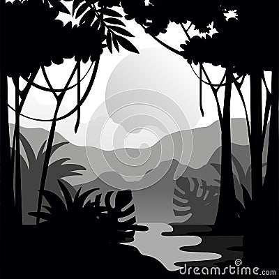 Beautiful tropical scenery with rainforest, mountains and sun, monochrome landscape design vector Illustration Vector Illustration