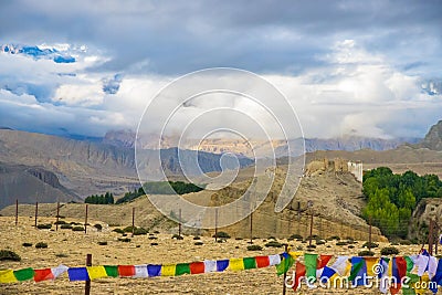 Beautiful Tsarang aka Charang Village desert Landscape in Upper Mustang of Himalayas in Nepal Stock Photo