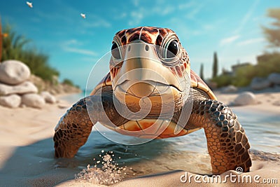 Beautiful turtle in close-up strolls along a stunning sandy beach on a sunny day Stock Photo