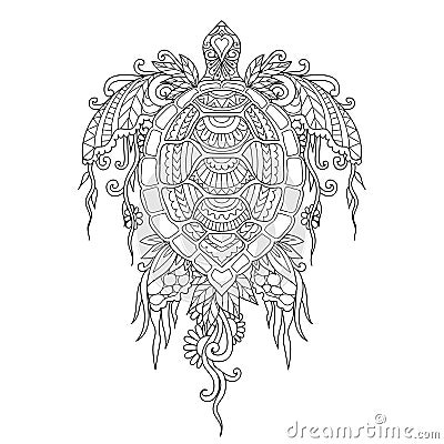 Beautiful turtle with corals and seaweed on body for design element and coloring book,coloring page or colouring picture. Vector i Vector Illustration