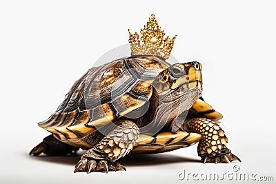 Beautiful Turtle In Gold Crown On White Background. Generative AI Stock Photo