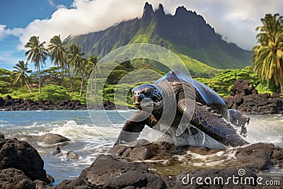 Beautiful turtle on stone beach with ocean, mountains, and palm trees. Copy space Stock Photo