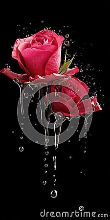 beautiful two roses sliced with water, dropping scene, ai generated image Stock Photo