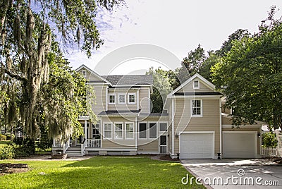 Beautiful two story home with porches and doucle garage Stock Photo