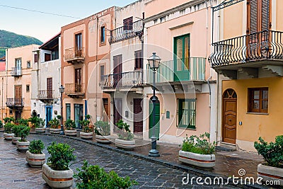 a beautiful typical multicolored street in Lipar Editorial Stock Photo
