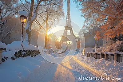 Beautiful typical Parisian street covered in snow in France. Sunny cold day on winter time Stock Photo