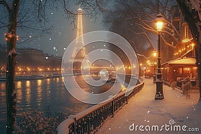 Beautiful typical Parisian street covered in snow at night. Sunny cold day on winter time Stock Photo