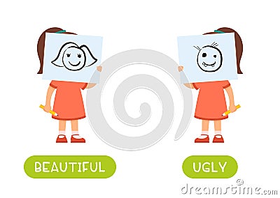 Beautiful and ugly antonyms word card vector template. Vector Illustration