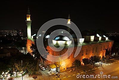 The beautiful Ulu Camii (Grand Mosque of Bursa) at nightime in Bursa in Turkey. Editorial Stock Photo