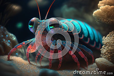 beautiful underwater close-up portrait of a bioluminescence mantis shrimp - generative AI Stock Photo