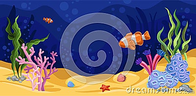 Beautiful underwater scene with seaweed, marine life vector Vector Illustration