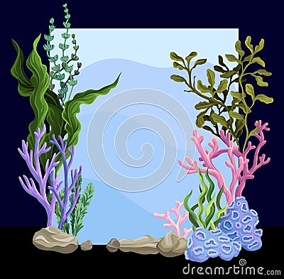 Beautiful underwater scene with seaweed, marine life vector Vector Illustration