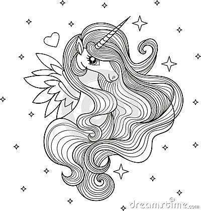 A beautiful unicorn. Black and white. Vector Vector Illustration