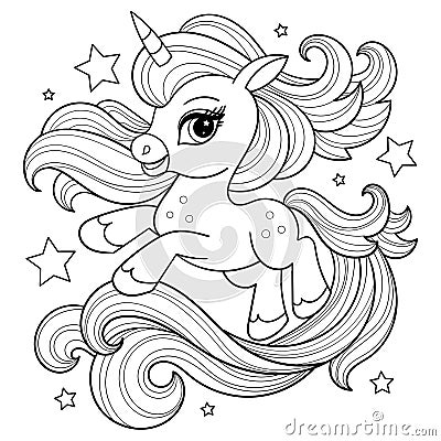 Beautiful unicorn. Black and white linear drawing. Vector Vector Illustration