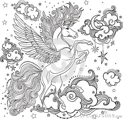 Beautiful unicorn among the clouds Vector Illustration