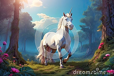 Beautiful unicorn in the enchanted forest Stock Photo