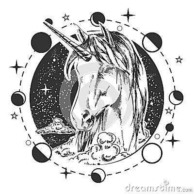 Beautiful unicorn head over cloudy, starry night sky round boho symbol Vector Illustration