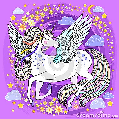 Beautiful unicorn on a pink background Vector Illustration