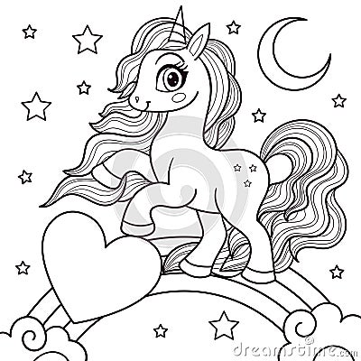 A beautiful unicorn with a saddle. Black and white line drawing. Vector Vector Illustration