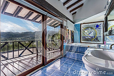 Beautiful unique bathroom connected to a balcony with a view interior design Editorial Stock Photo