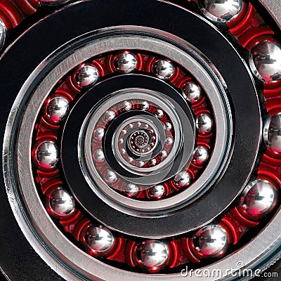 Beautiful unusual abstract fractal clockwise red Spiral Industrial Ball Bearing. Spiral fractal effect of bearing manufacturing te Stock Photo