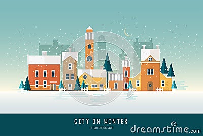 Beautiful urban landscape or cityscape with colorful antique buildings, towers and green spruce trees covered with snow Vector Illustration