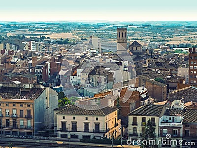 Beautiful urban panorama of the Catalan town of Tarrega - aerial view. Typical Spanish village Editorial Stock Photo