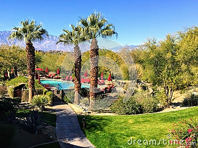 A beautiful vacation location with a swimming pool surrounded by palm trees and desert on a beautiful sunny day in Palm Desert Stock Photo