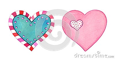 Hand painted hearts isolated on white background. Cartoon Illustration