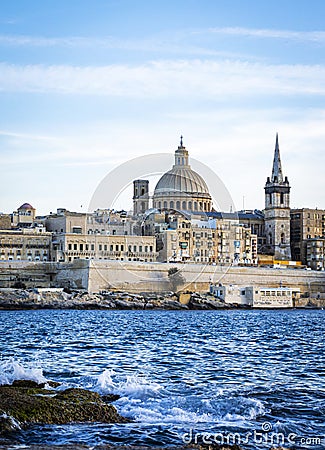 Beautiful Valletta City Skyline in Malta in front of sea Stock Photo