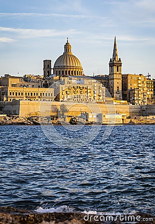 Beautiful Valletta City Skyline in Malta Over Sunset Stock Photo