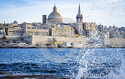 Beautiful Valletta City Skyline in Malta in front of sea Stock Photo