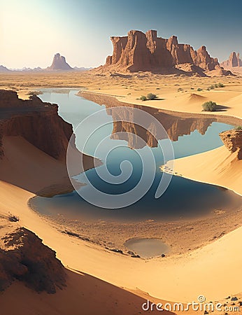 Beautiful vast desert with a crystal-clear water of oasis, reflection water, nature Stock Photo