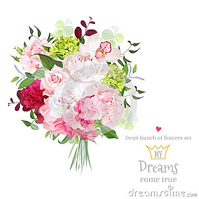 Beautiful vector bouquet with peony, rose, carnation, hydrangea, orchid, green plants on white vector design set. Vector Illustration