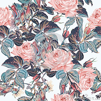 Beautiful vector elegant flower pattern with pink vintage, watercolor style roses Stock Photo