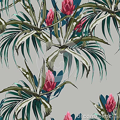 Beautiful vector floral seamless pattern background with agave and protea flowers Stock Photo