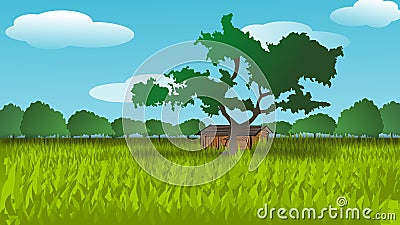 A beautiful vector graphic of the village with farmlands and trees. Stock Photo