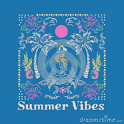 Beautiful vector of Hawaii summer island relax vibes ,palm, tree, ocean,wave,hibiscus flowern,beach design for Tshirt,fashion, Vector Illustration