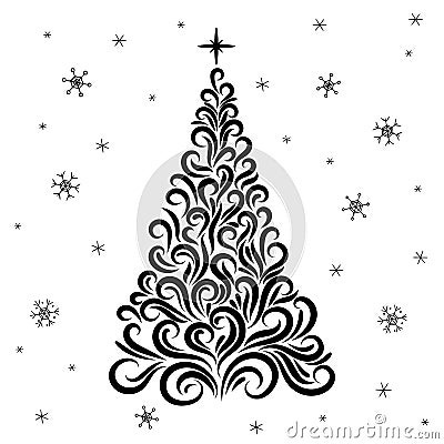 Christmas tree from an ornament. New Year card. Congratulation. Celebration. Winter. Snowflakes. Star. Tattoo. Circuit. Silhouette Cartoon Illustration