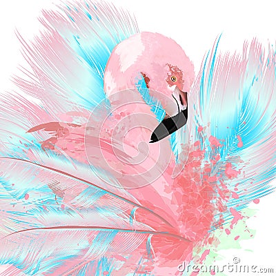 Beautiful vector illustration with drawn pink flamingo and blue Cartoon Illustration