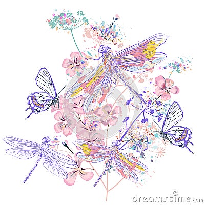 Beautiful vector illustration with flowers and dragonflies, spring time, vintage style Vector Illustration