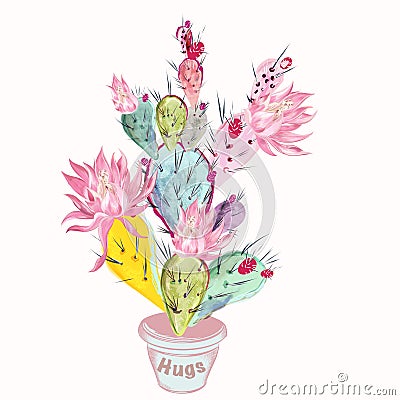 Beautiful vector illustration with pink cactus flower and plant in potter Vector Illustration